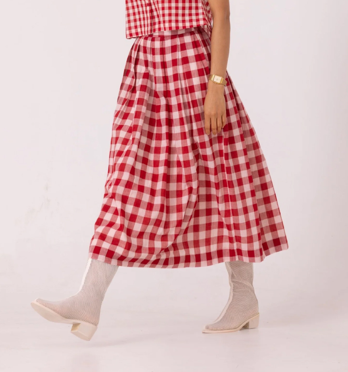 June Red Chequered Handwoven Skirt